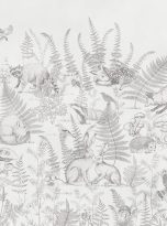 Wildanimals,Sketch,,Wallpaper,Mural,,Grey,Colors,,Botanical,Leaves,,Bunny,,Fox,